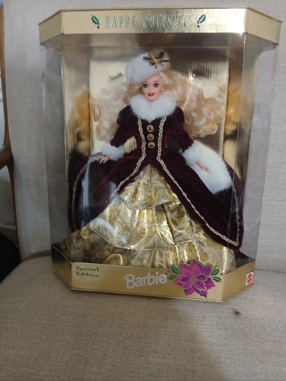Beautiful Vintage 1996 Barbie Holiday Doll in Burgundy and Gold